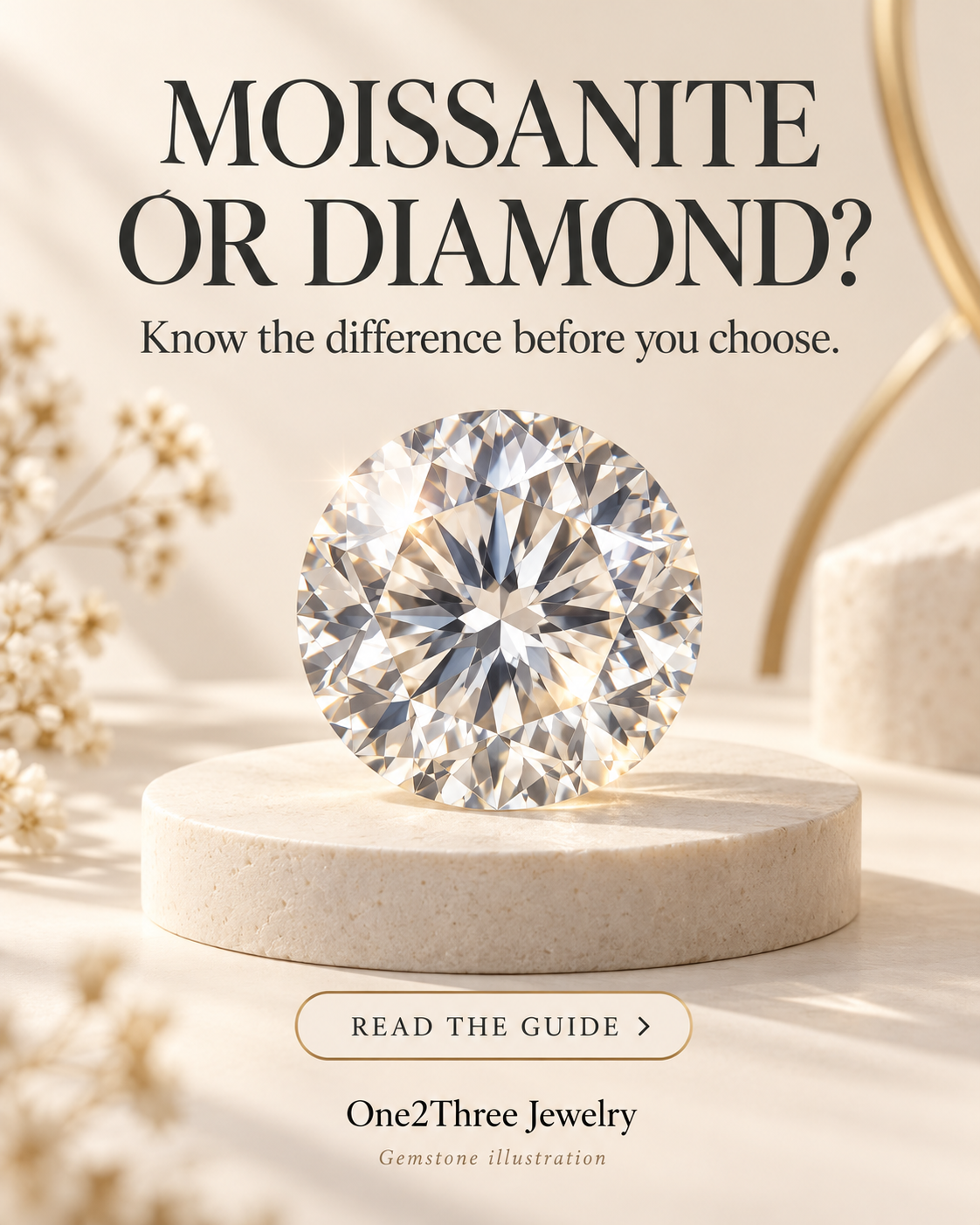 Moissanite or diamond? Know the difference before you choose. One2Three Jewelry gemstone illustration.