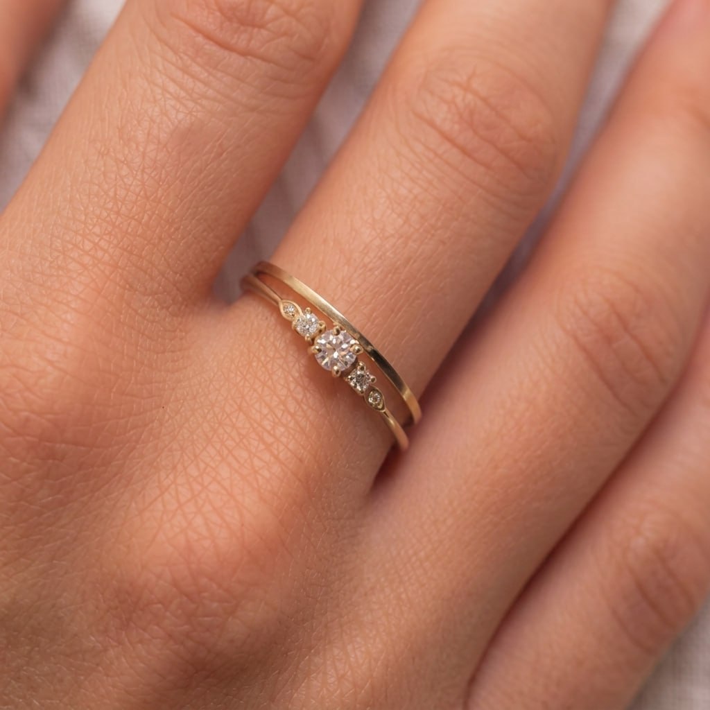 14K Solid Gold Five Diamond Promise Ring for Her-on hand