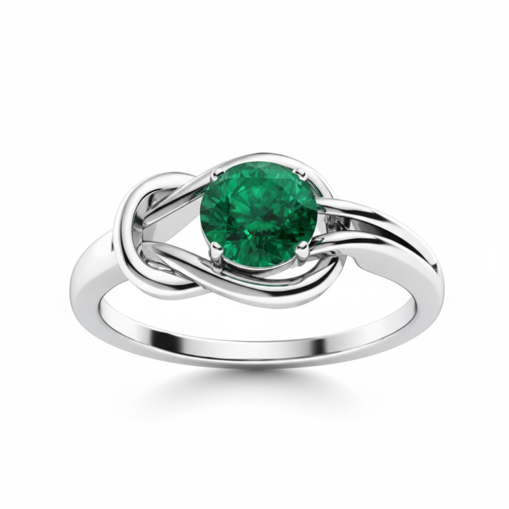 14K white gold Celtic knot emerald engagement ring — infinity-inspired design with natural emerald center stone