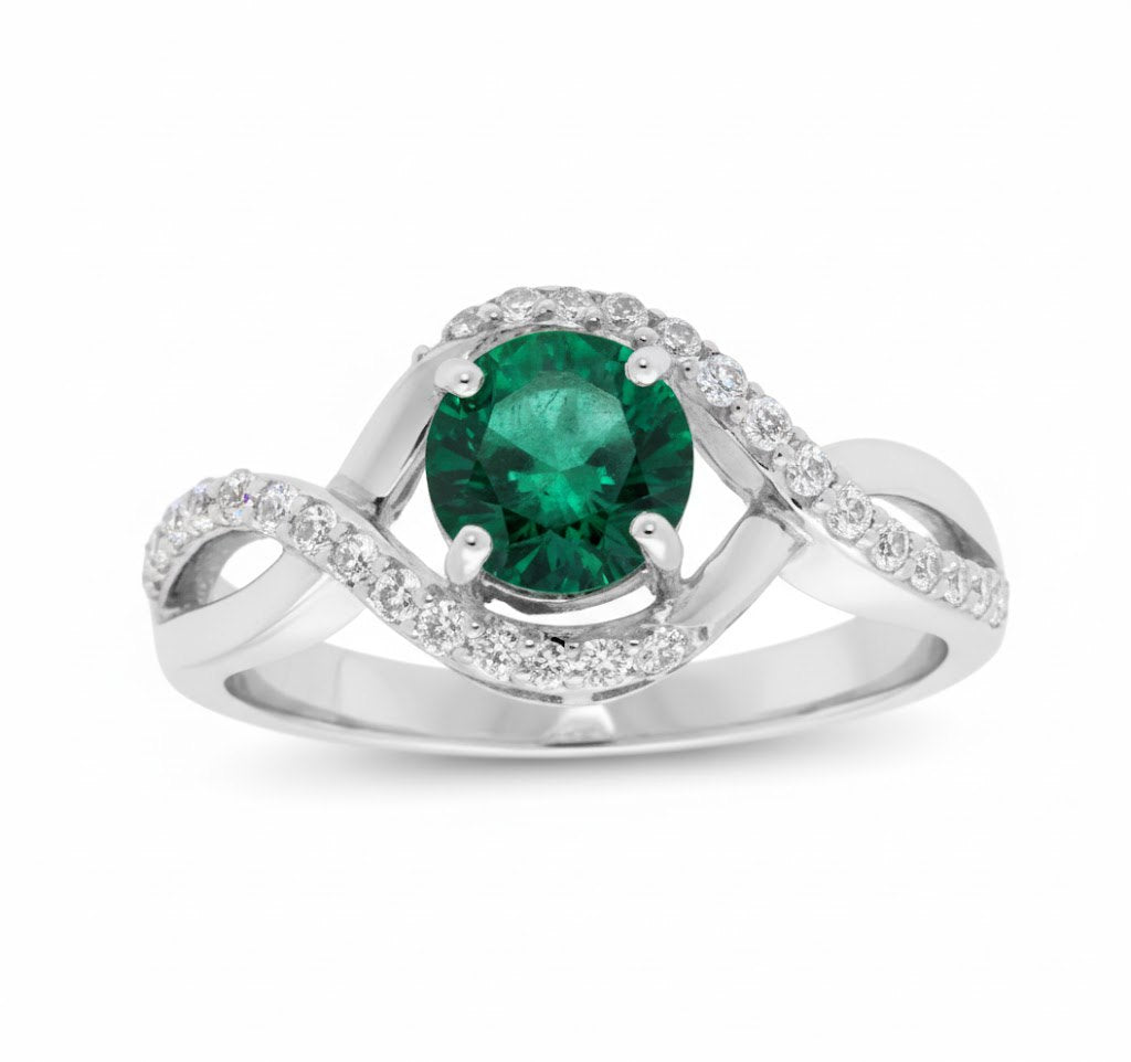 14K white gold twist halo emerald engagement ring with lab-grown diamonds — elegant modern design