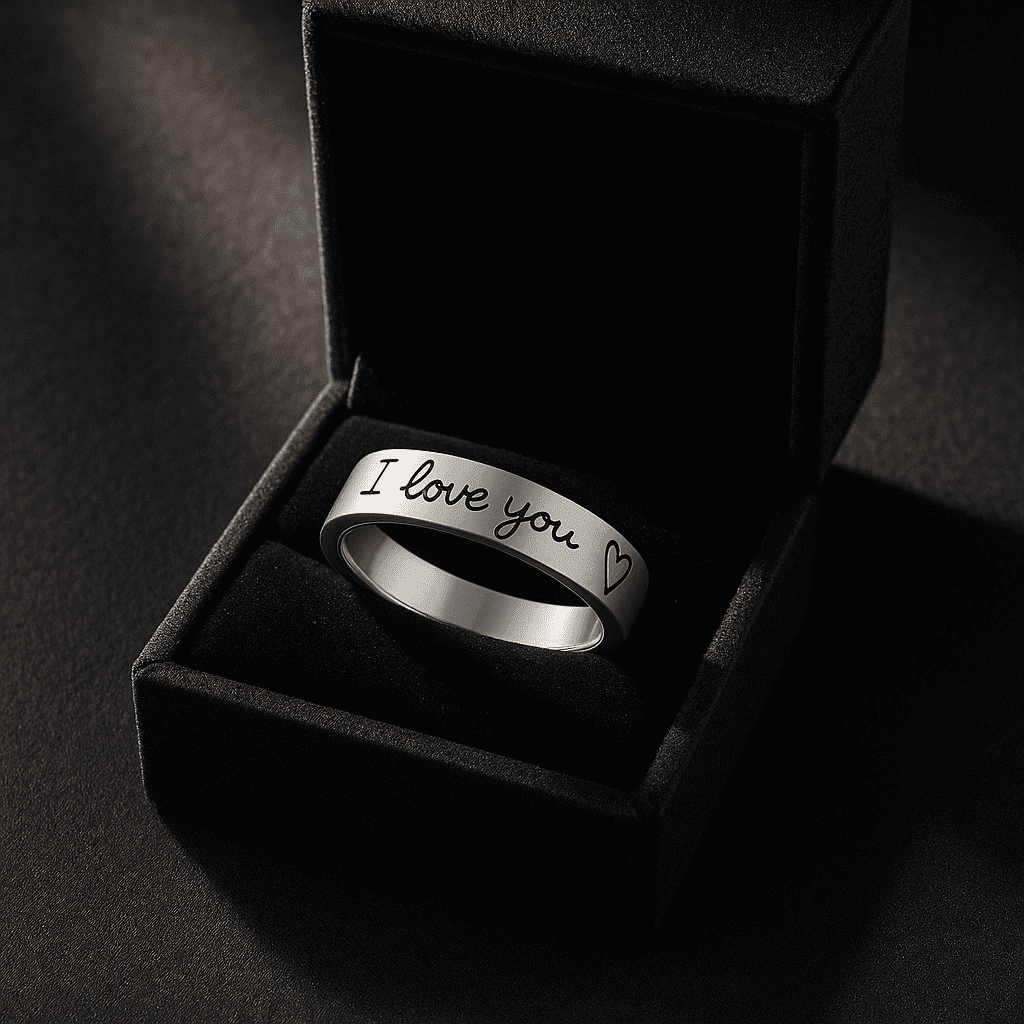 The Simple Promise Ring from Fathers to Daughters features “I love you” and a heart symbol engraved on sterling silver, presented in a black velvet gift box—an ideal Father to Daughter gift.
