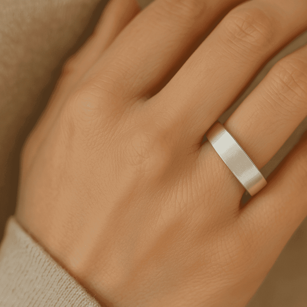 A close-up of a hand with a light skin tone wearing the Simple Promise Ring from Fathers to Daughters—a wide, sterling silver band—on the ring finger, set against a soft, neutral background.