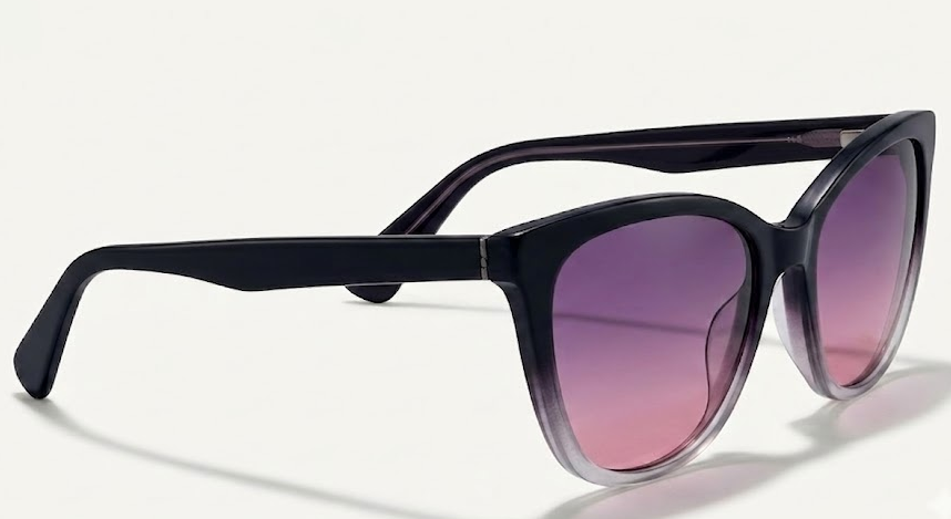 Black cat-eye sunglasses with pink gradient lenses on a white background