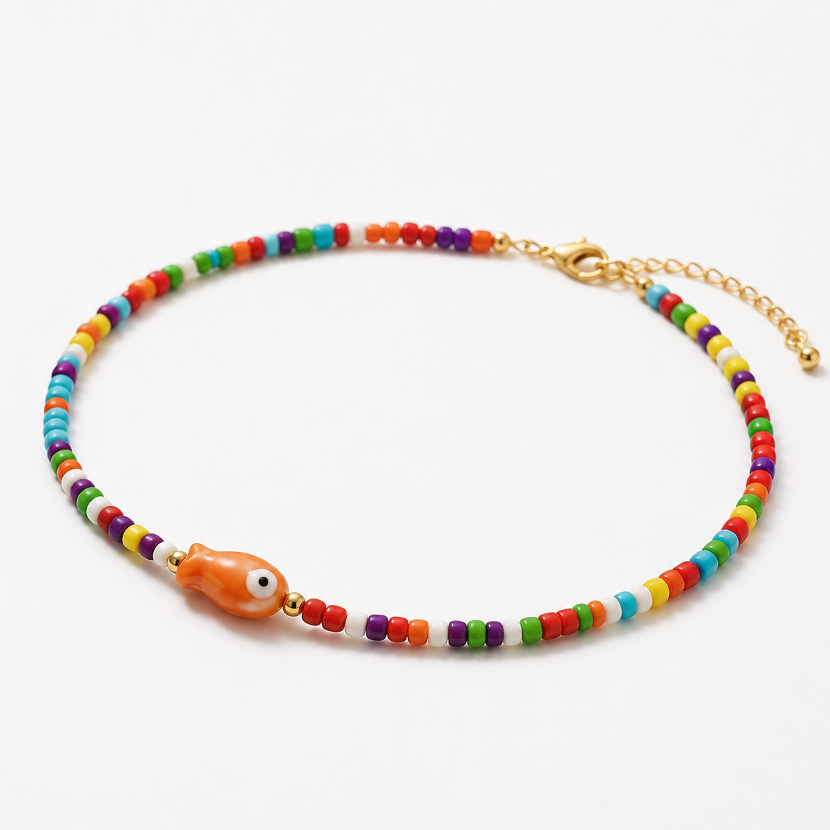 Colorful beaded choker with a gold clasp on a white background