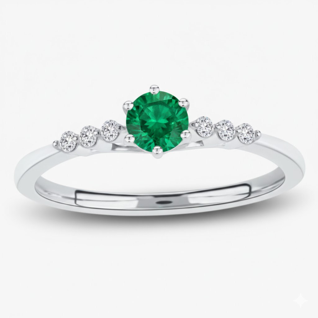 Dainty 14K white gold ring with natural emerald and diamond accents — minimalist engagement ring design