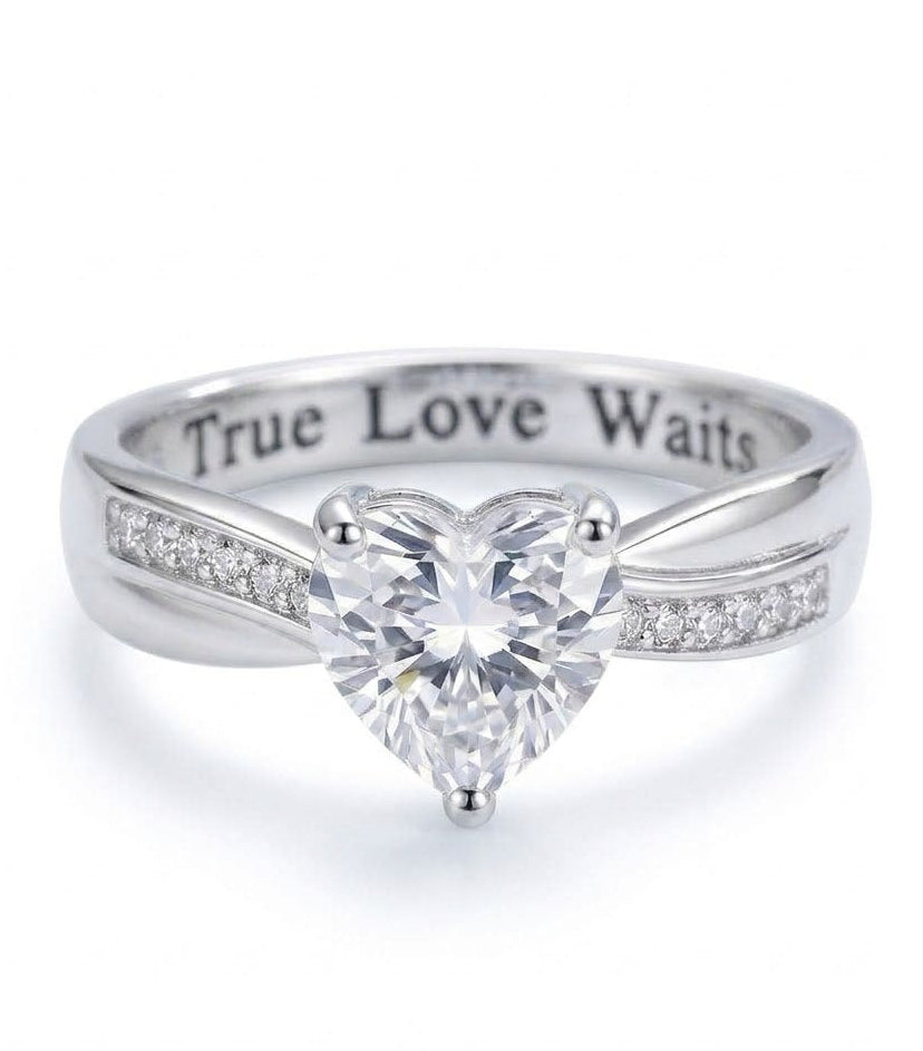 Dainty Sterling Silver Heart Purity Ring with True Love Waits engraving front