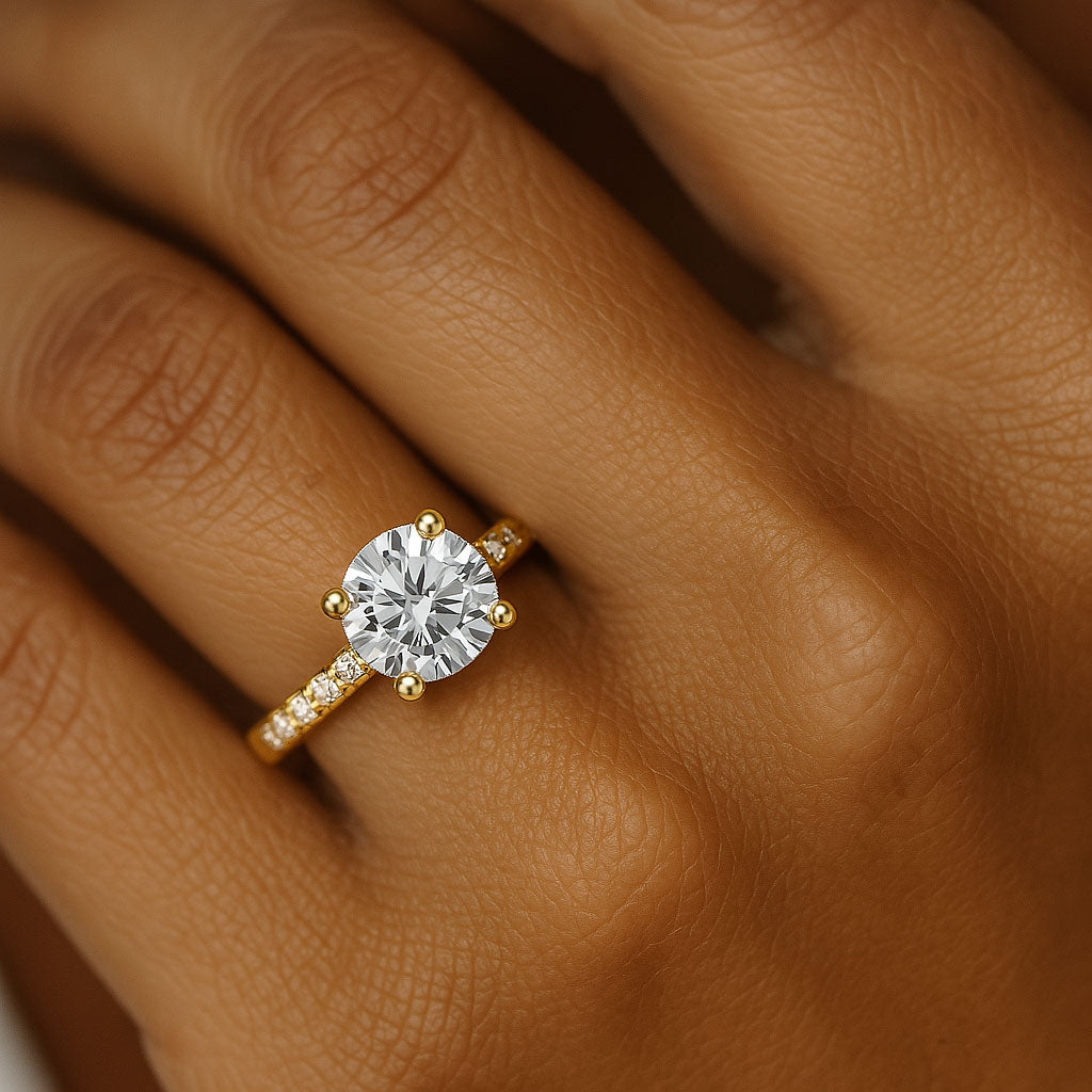Elegant1.5CaratLab-GrownDiamondEngagementRingwithPaveBandin14KGold-yellow_finger2