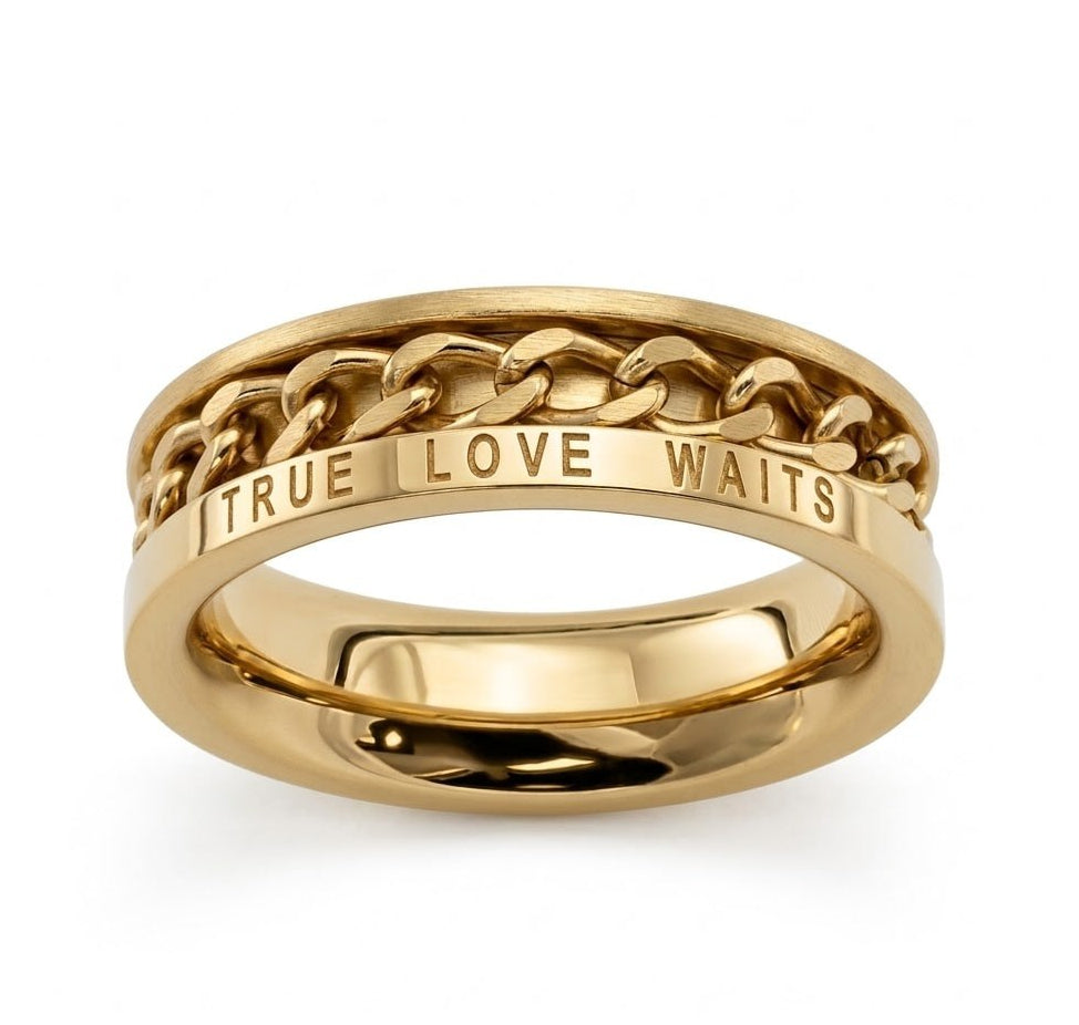 Gold-plated silver chain ring with 'True Love Waits' engraving on a white background