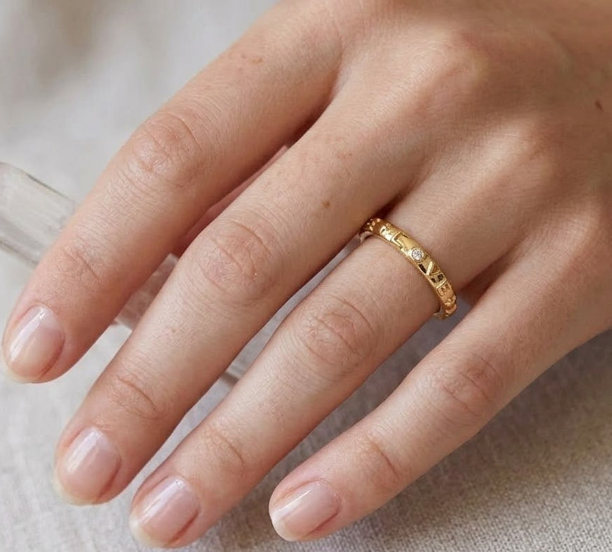 Hand wearing a gold ring on a neutral background