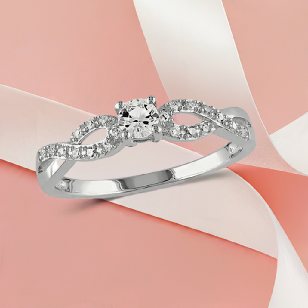 InfinityPromise Ring on rose fone with white stripes
