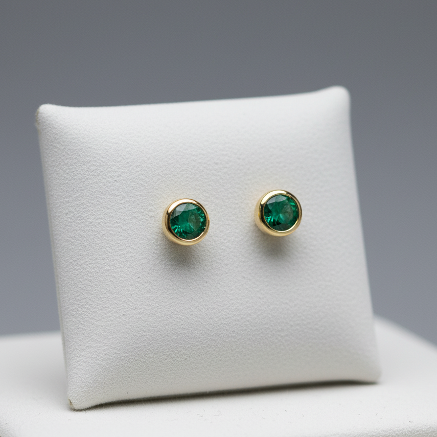 Gold earrings with green gemstones on a white cushion against a gray background