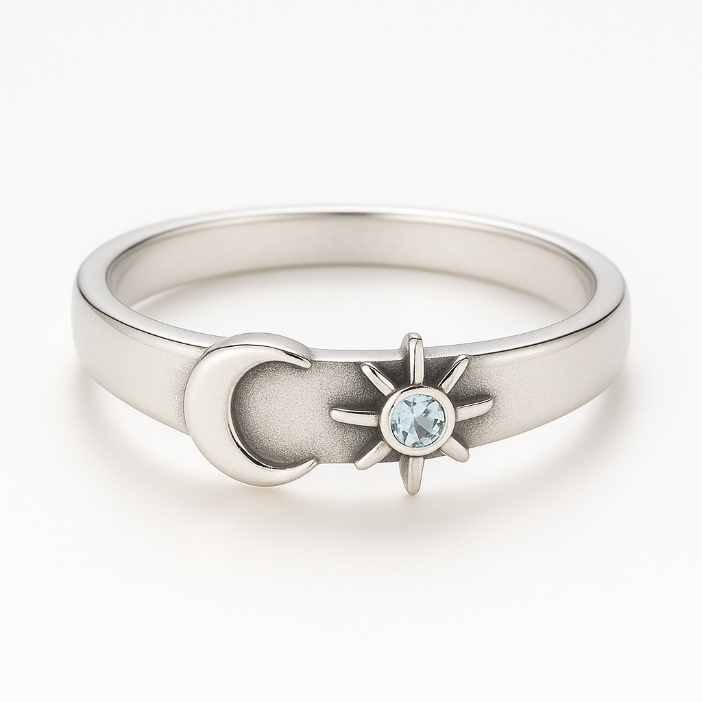 Silver Sun and Moon Promise Ring with Aquamarine