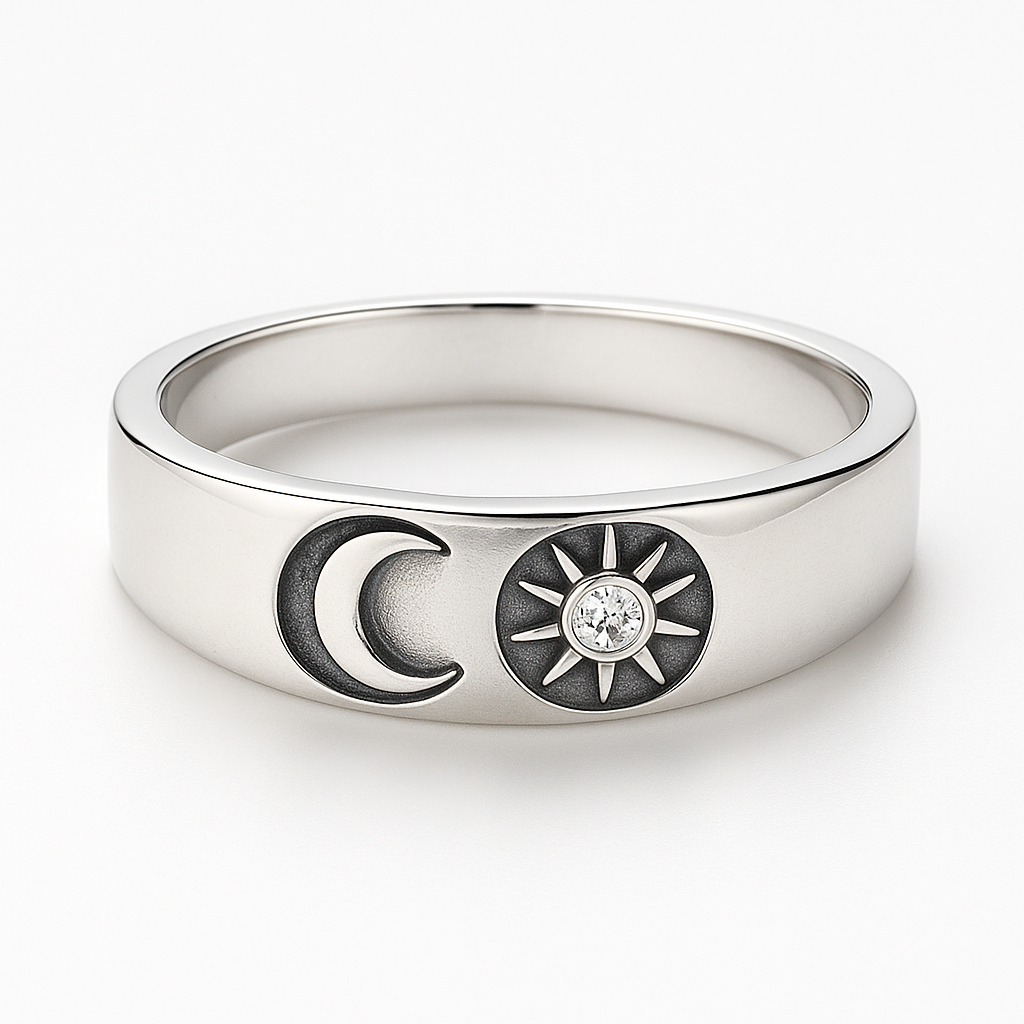 Silver Sun and Moon Promise Ring with Moissanite