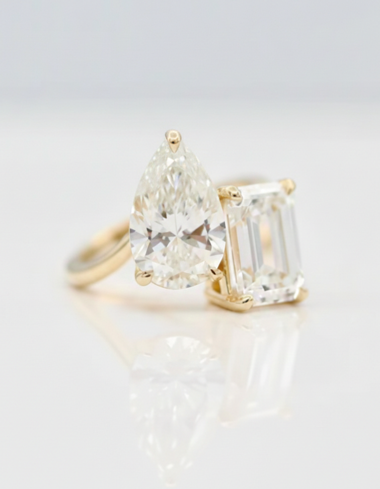 Silver gold plated Pear & Emerald Cut Toi et Moi Engagement Ring