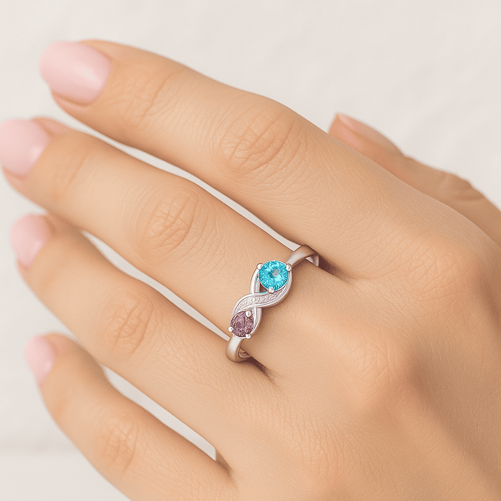 Sterling Silver Birthstone Infinity Ring on hands