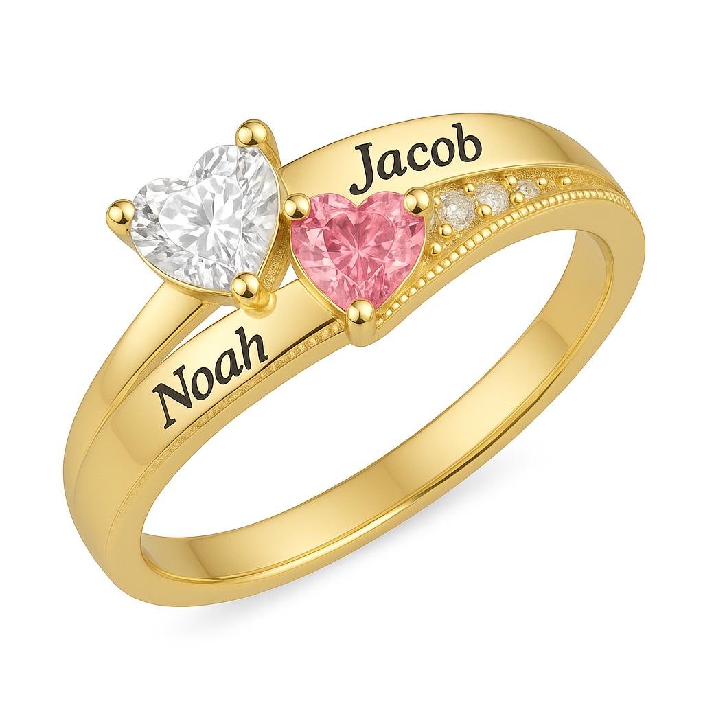 Two Stone Engraved Promise Ring with Names in silver yellow gold plated