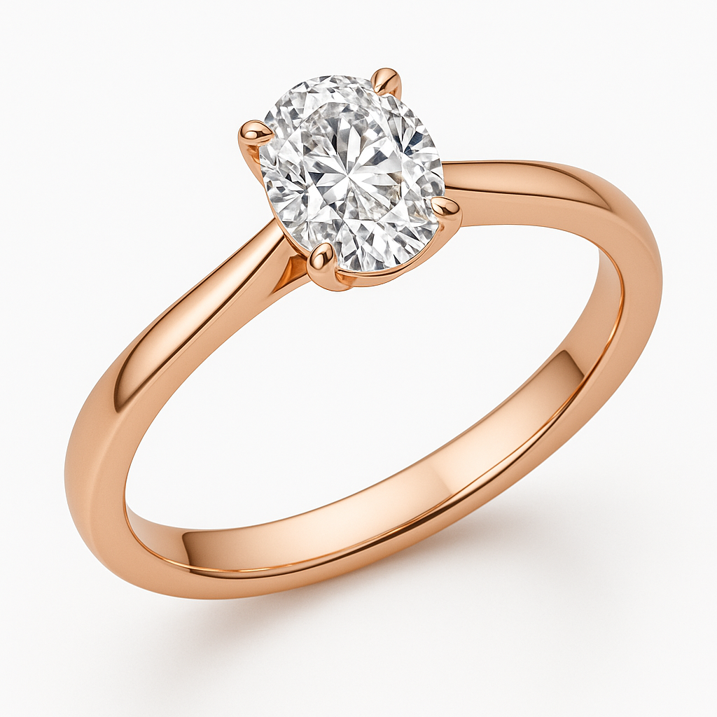 The 18k Rose Gold Promise Oval Diamond Ring showcases a single oval-cut diamond in a classic four-prong setting, beautifully presented on a white background.