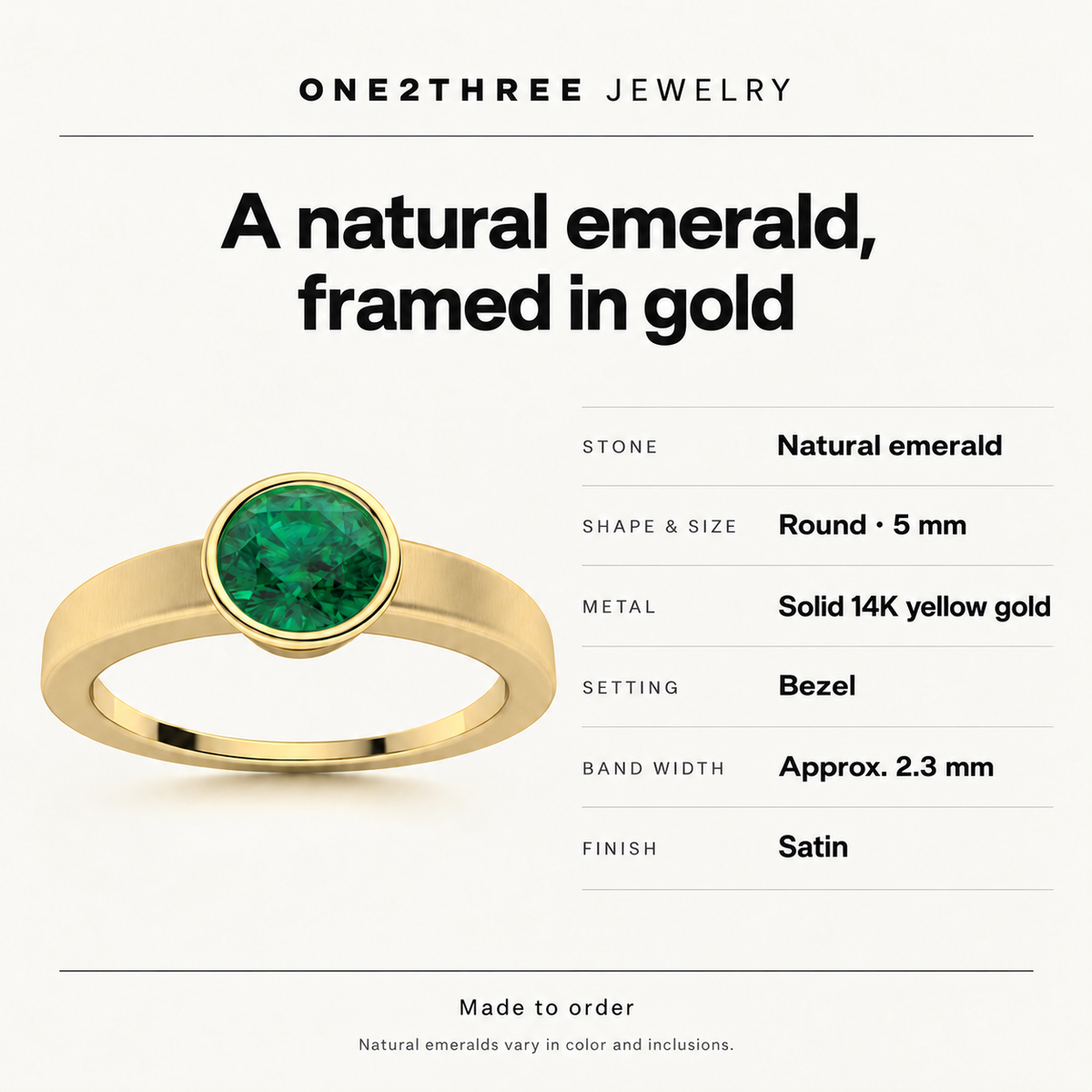 Natural 5 mm emerald ring in solid 14K yellow gold with bezel setting and approximately 2.3 mm satin band