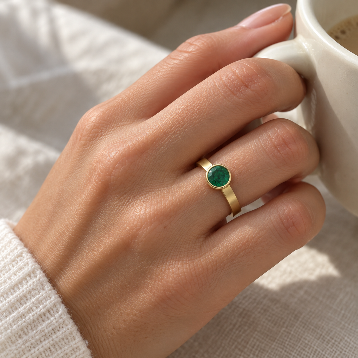 Yellow gold emerald bezel ring on a woman's hand holding a cup