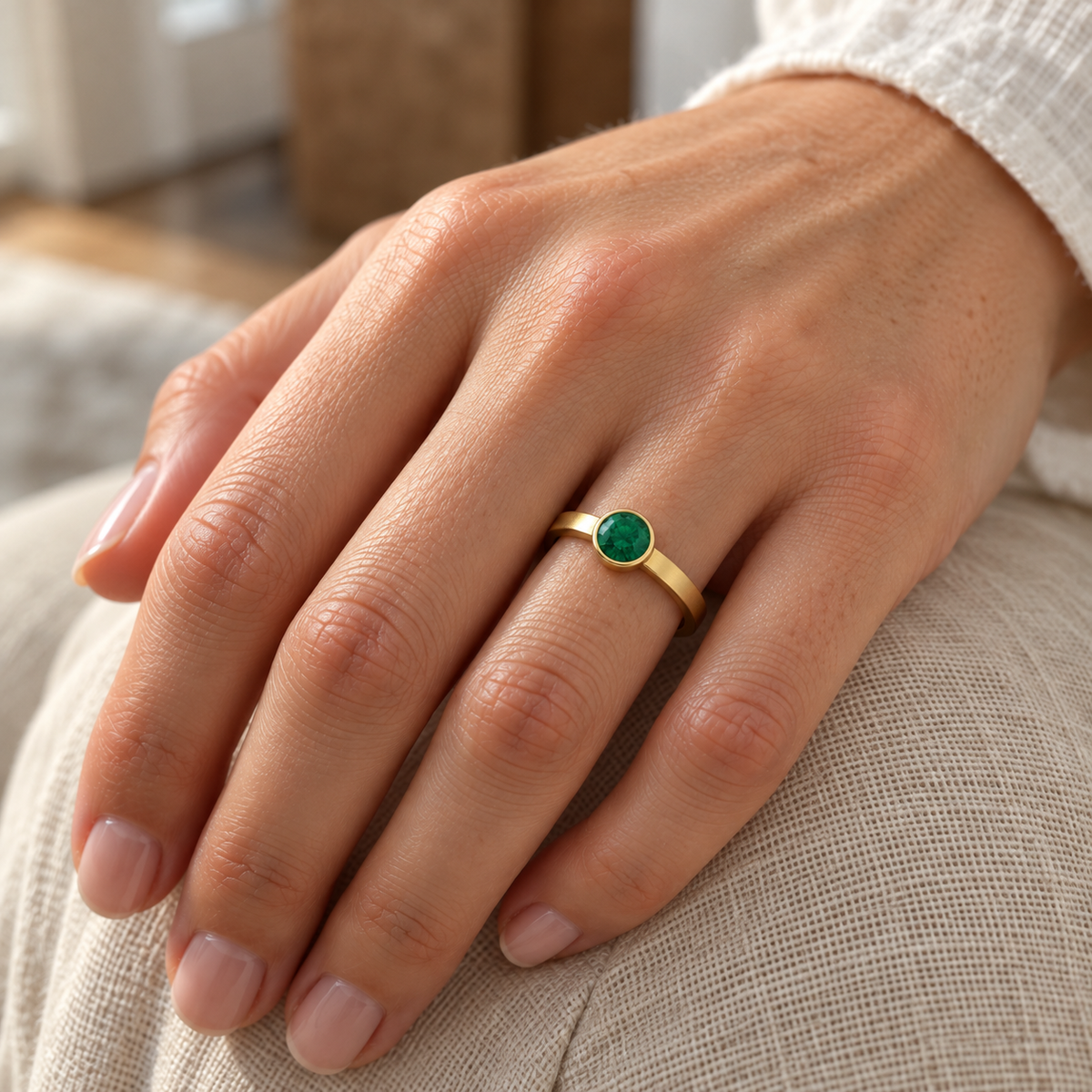 Natural 5 mm emerald bezel ring on a woman's hand, oblique view