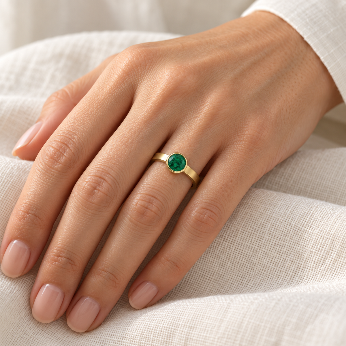 Bezel-set emerald ring in 14K yellow gold on a woman's hand over ivory linen
