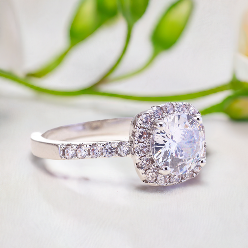 1-Carat Cushion Engagement Ring with 14K white gold band and sparkling 1-carat moissanite center stone
