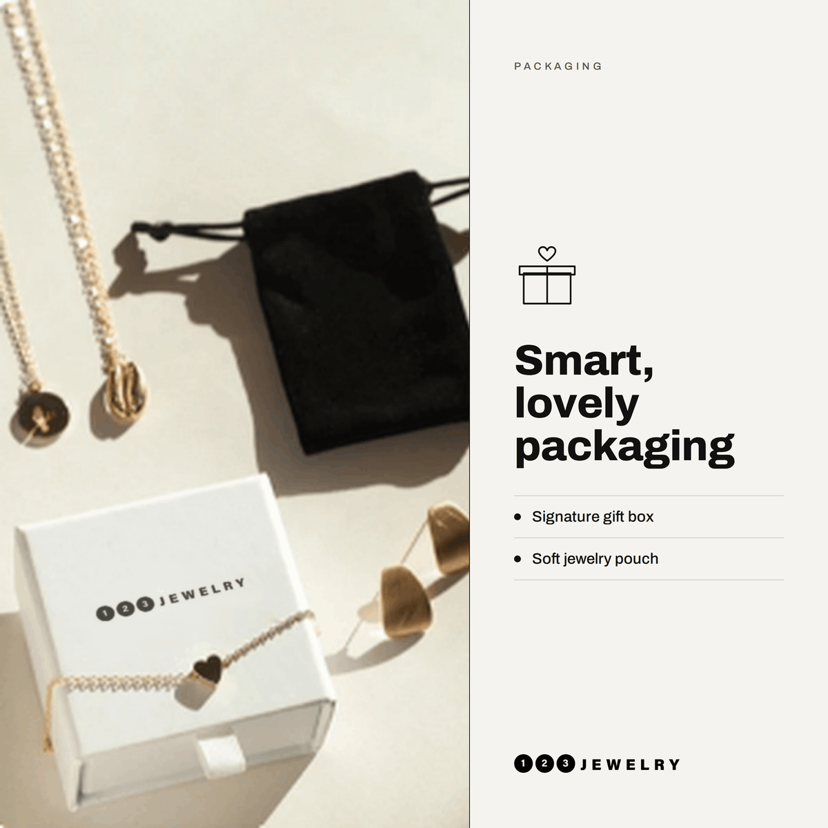 One2Three Jewelry signature gift box and soft jewelry pouch