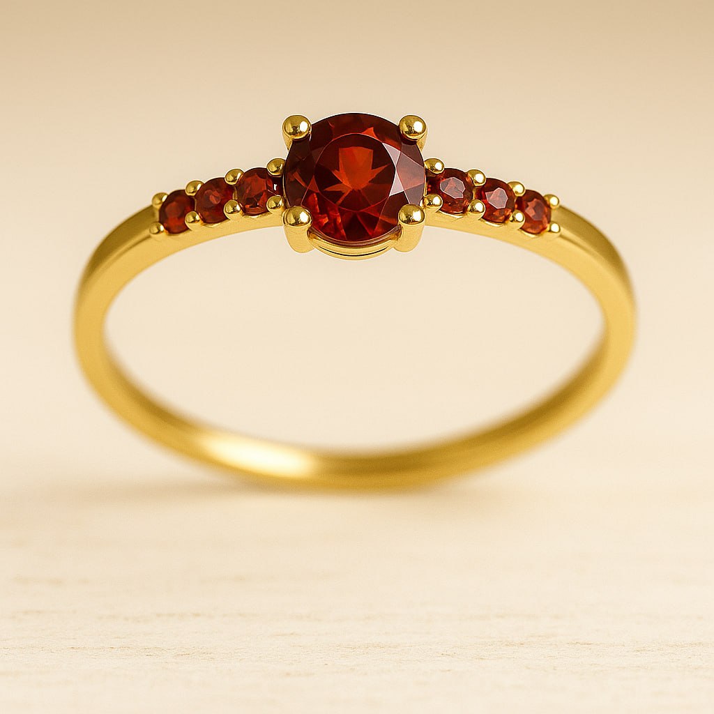 Gold ring with red gemstones on a beige background