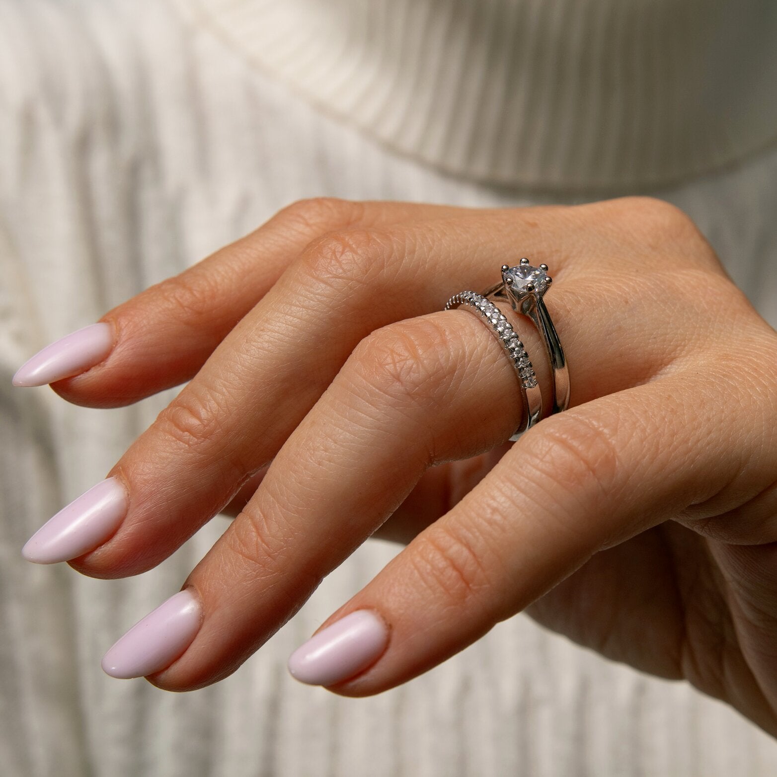 0,5-Carat LAB Diamond Engagement Ring - One2Three Jewelry on hand with white gold band and diamonds