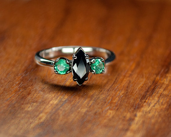 Black Sapphire Engagement Ring with Emeralds 1