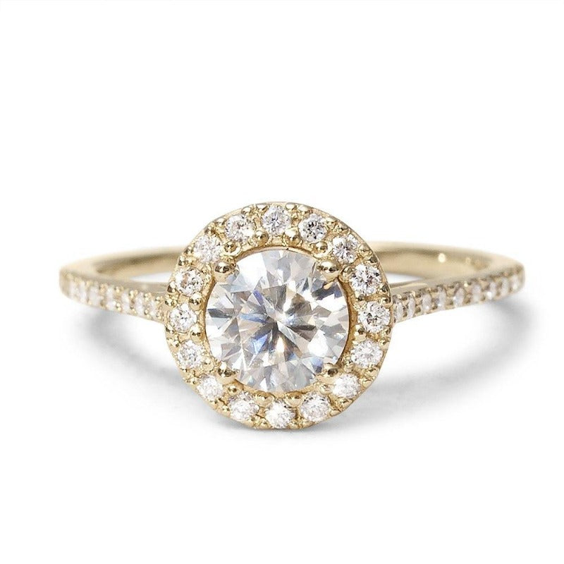 1-Carat Moissanite Diamond Ring with 14K gold band, 1-carat lab-grown moissanite center, and 36 natural white diamonds.