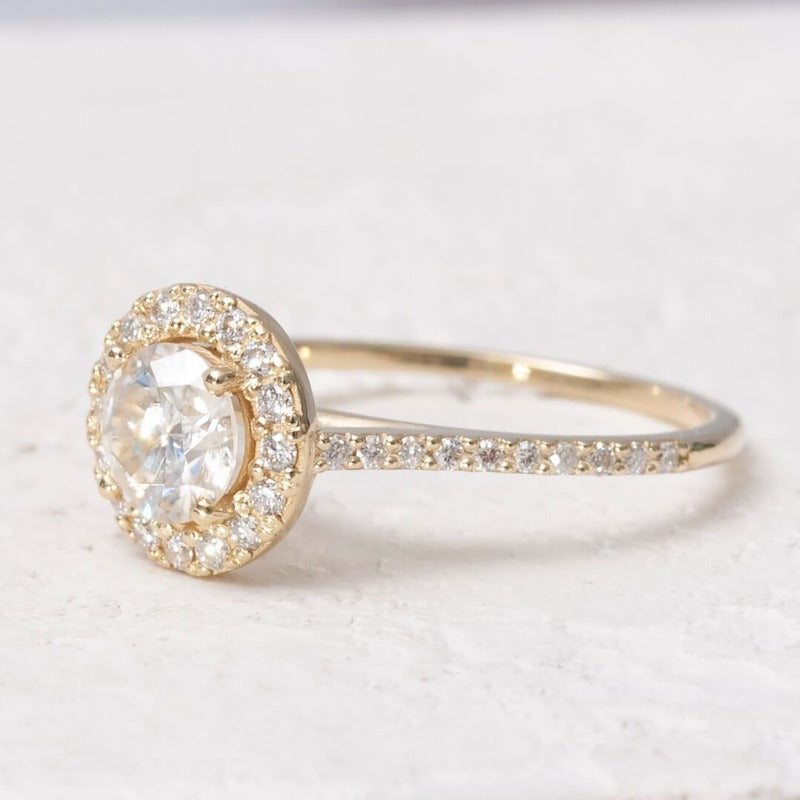 1-Carat Moissanite Diamond Ring in 14K gold with 1ct moissanite center and 36 white diamonds on band
