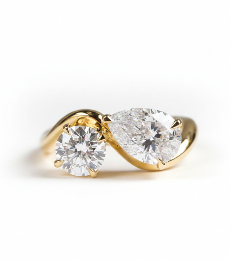 Pear and round moissanite Toi et Moi ring from One2Three Jewelry