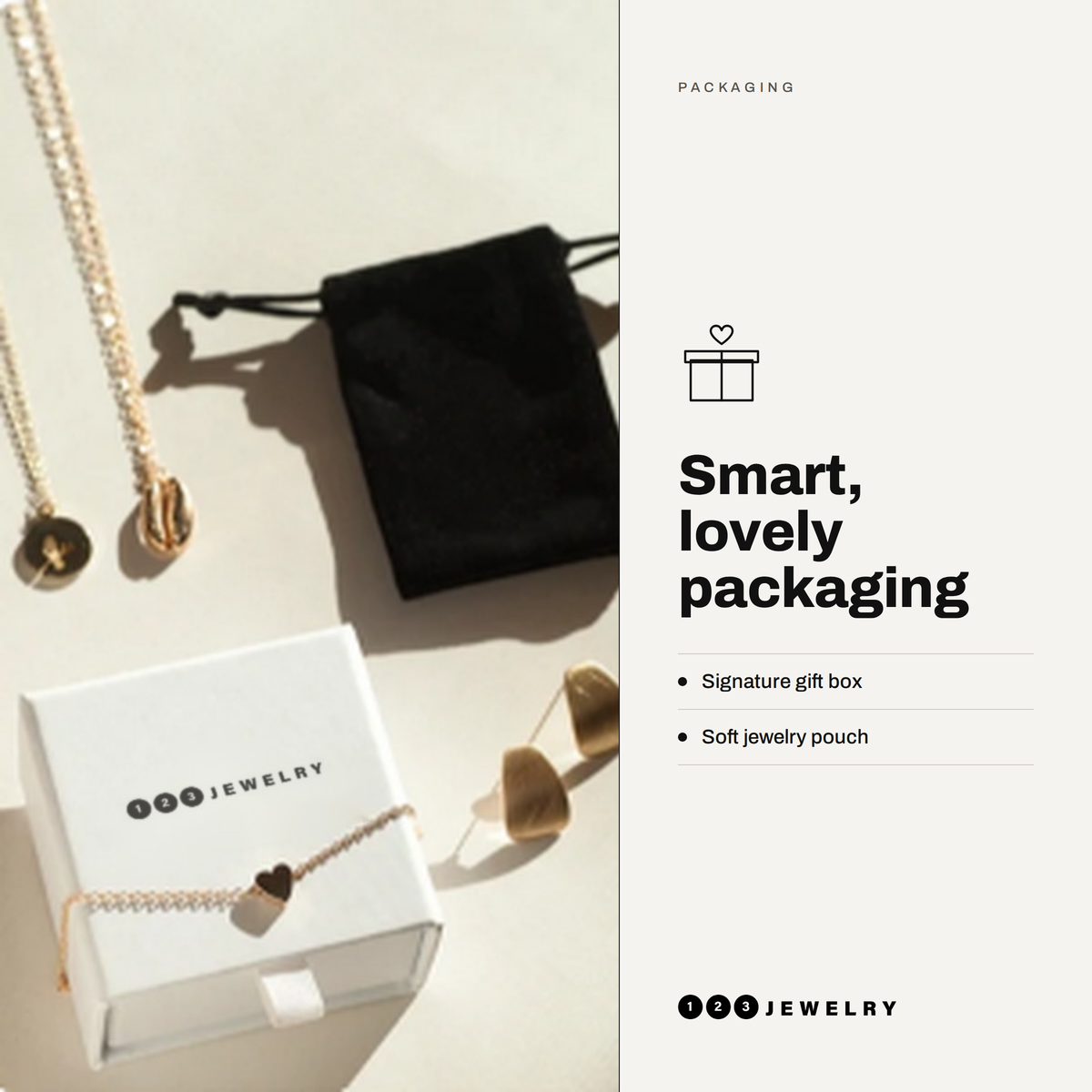 A styled flat-lay of jewelry packaging and accessories on a light beige surface: a white jewelry box with the brand name, a black drawstring pouch, and gold-toned jewelry pieces. The right side includes a text panel reading 'Smart, lovely packaging' with bullet points and the 183JEWELRY logo.