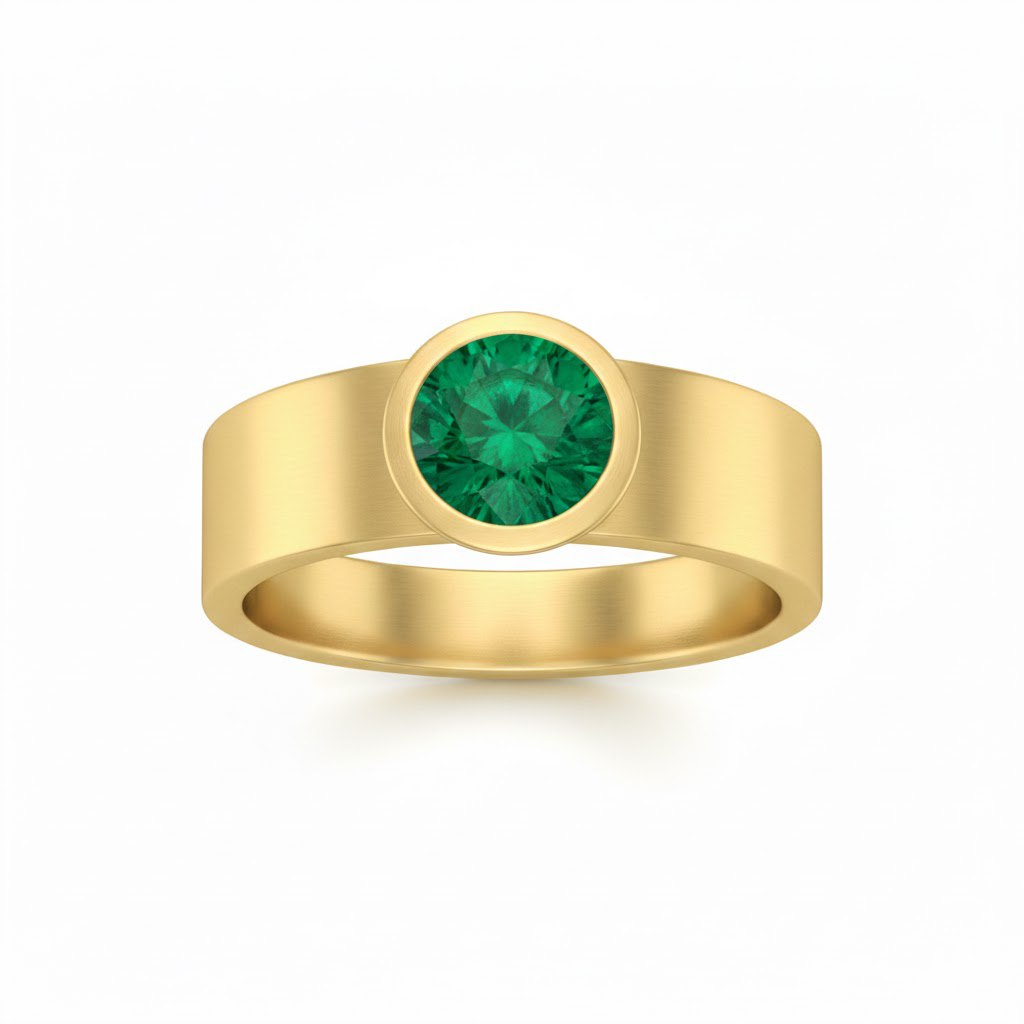 14K yellow gold wide bezel emerald ring — modern minimalist design with natural emerald gemstone