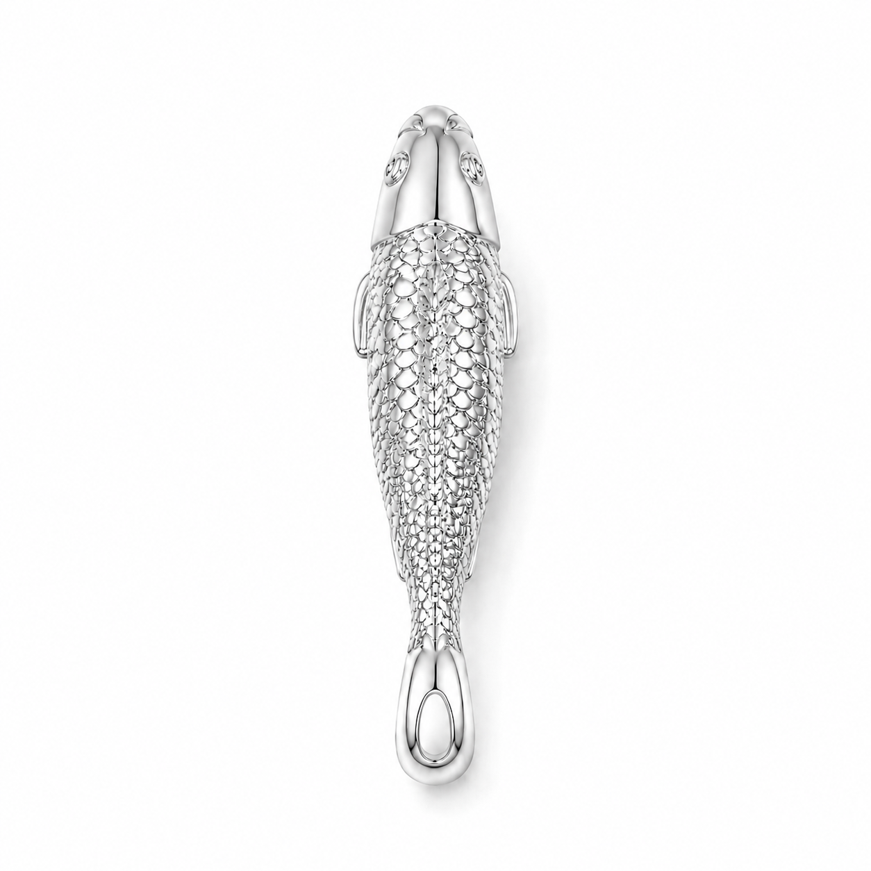 Silver jewelry piece with intricate design on a white background