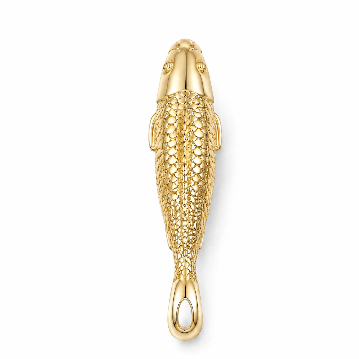Gold fish-shaped pendant on a white background