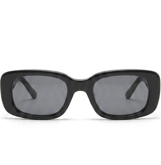 Black sunglasses with dark lenses on a white background