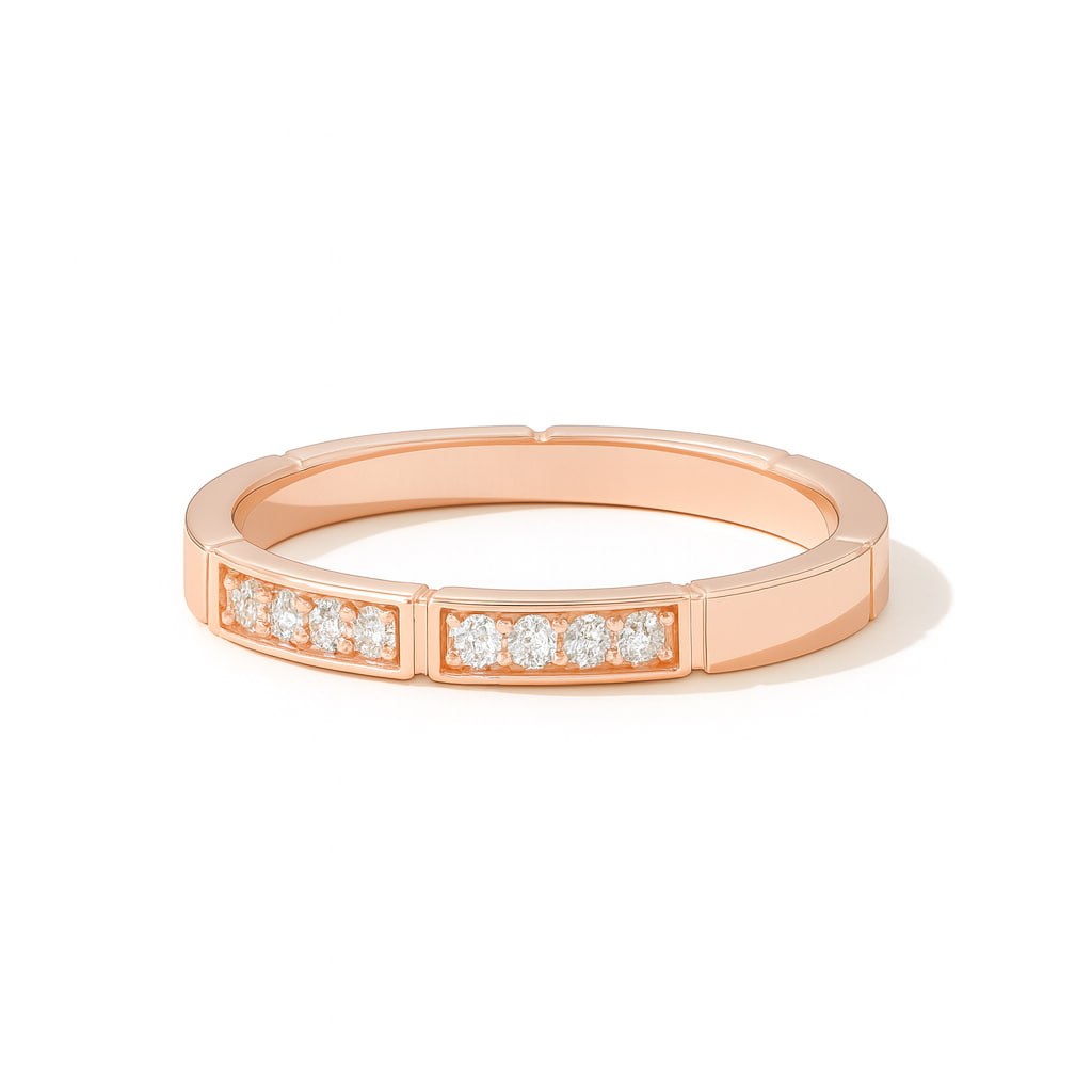 Classic Rose Gold Diamond Wedding Band with small diamonds on a white background