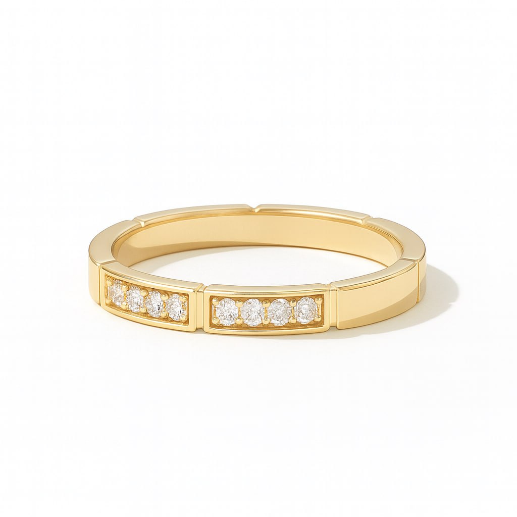Classic Yellow Gold Diamond Wedding Band with embedded diamonds on a white background