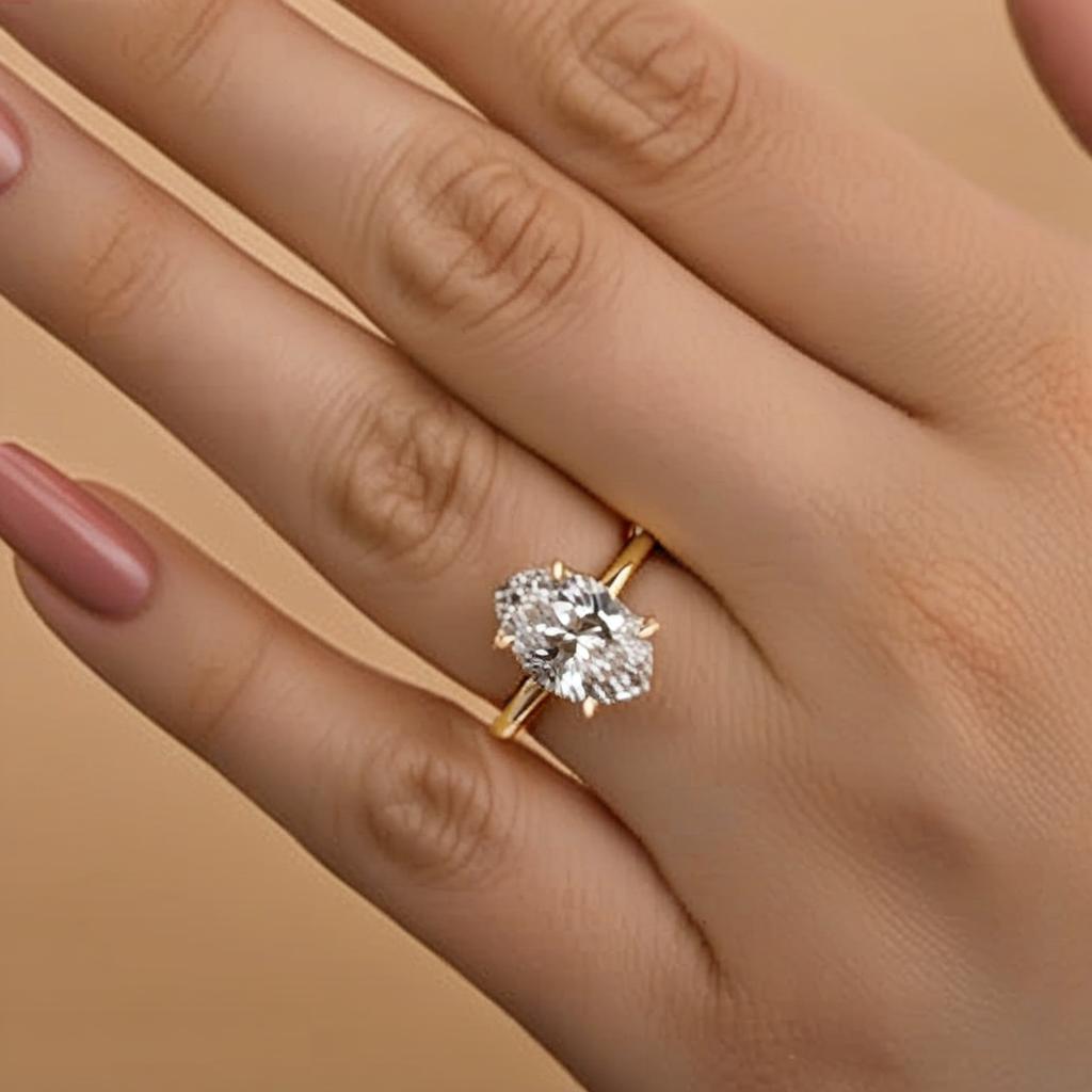 Close-up of oval moissanite engagement ring with 3.5 carat center stone and halo setting on finger