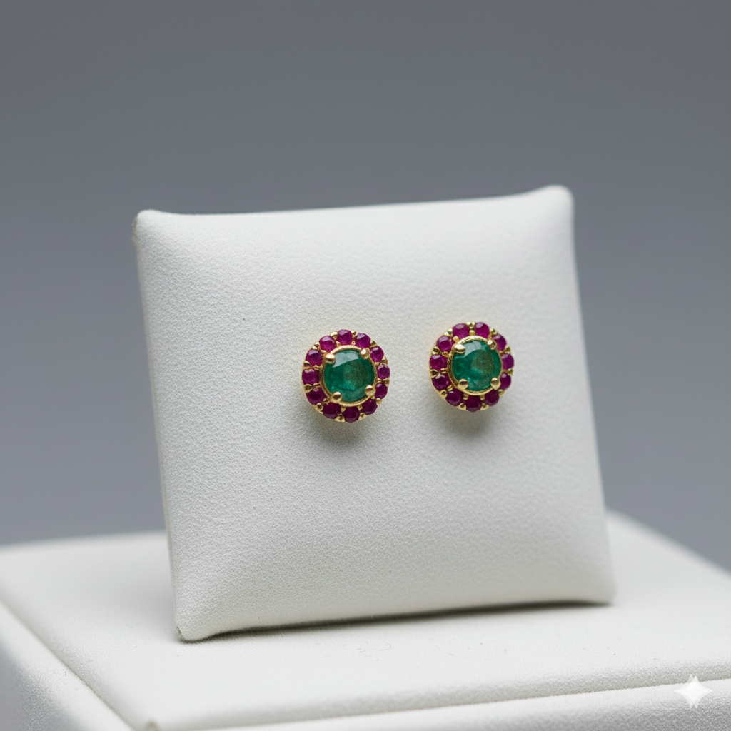 Pair of earrings with emerald and ruby stones on a white cushion against a gray background