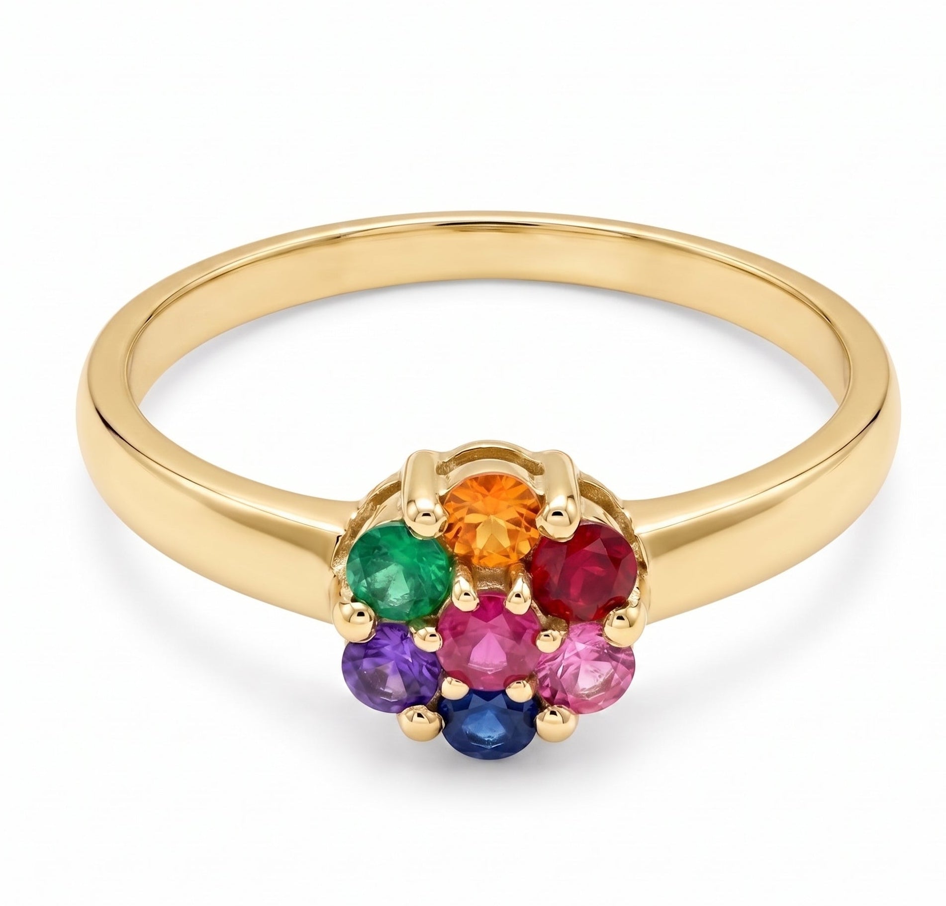 A yellow gold plated silver ring featuring a flower-shaped cluster of seven colorful gemstones in green, orange, red, purple, pink, blue, and dark blue, set against a clean white background.