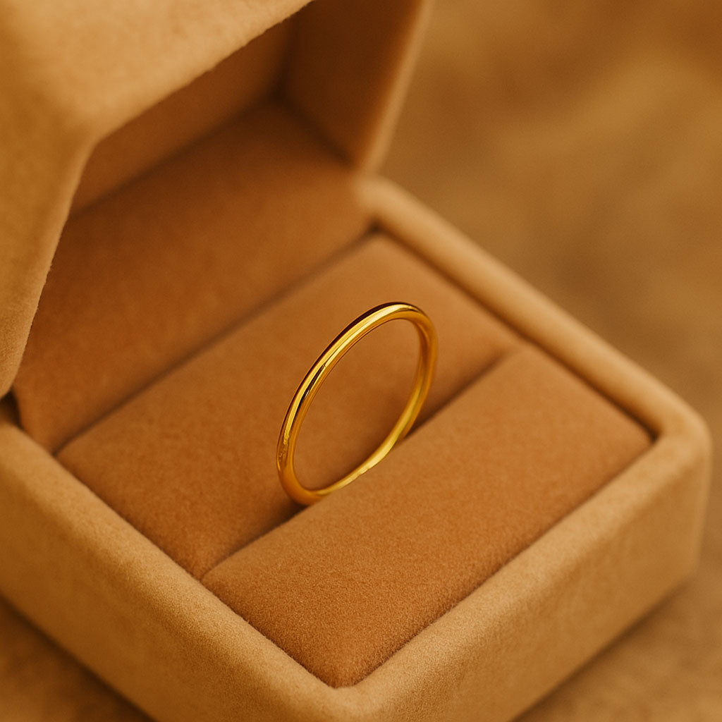 Gold Thin Wedding Band in rose velvet box