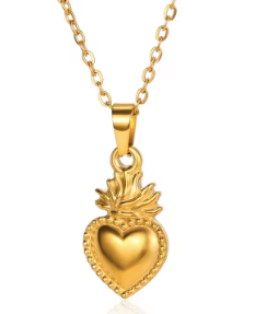 Gold heart-shaped pendant necklace on a white background