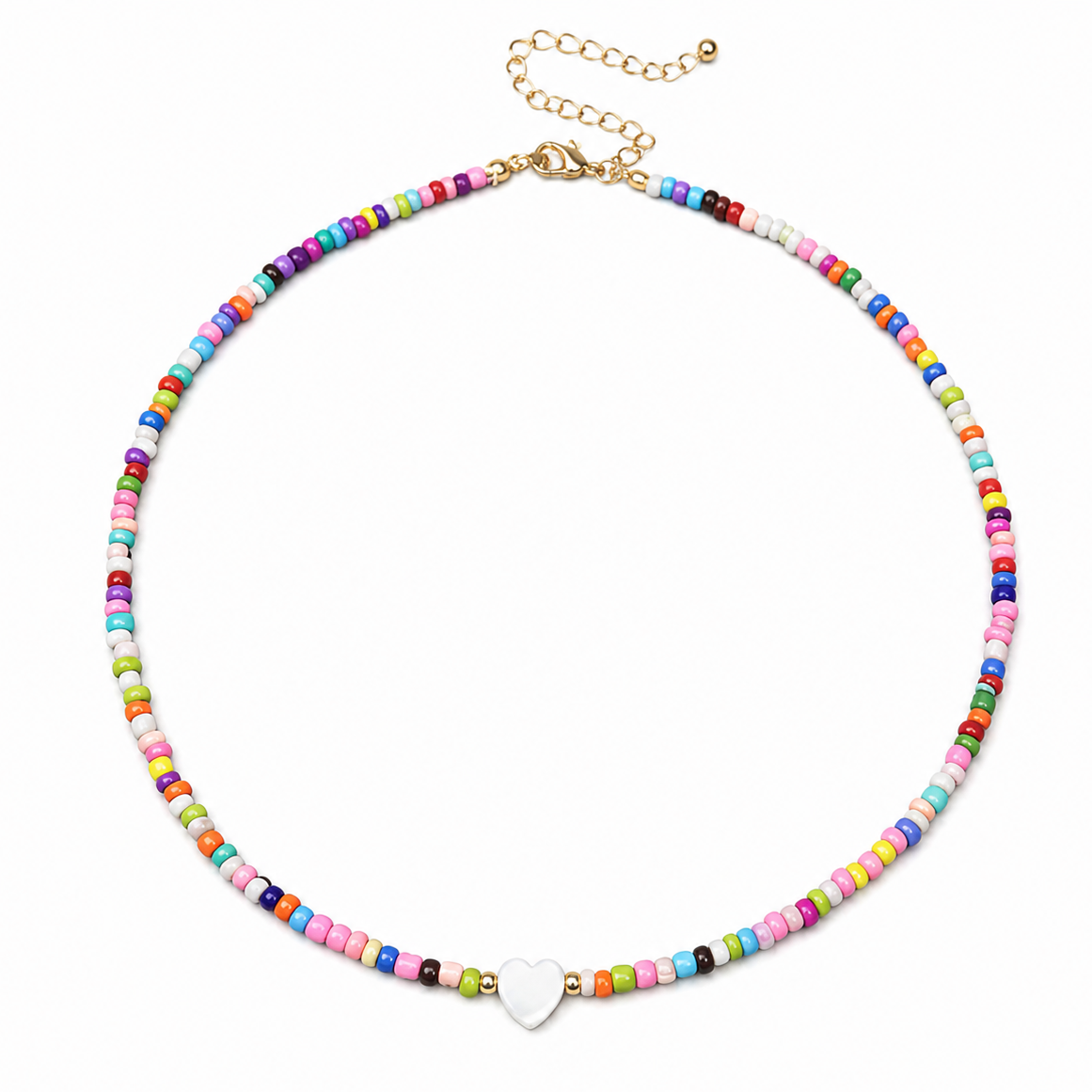 Colorful beaded necklace with a heart charm on a white background