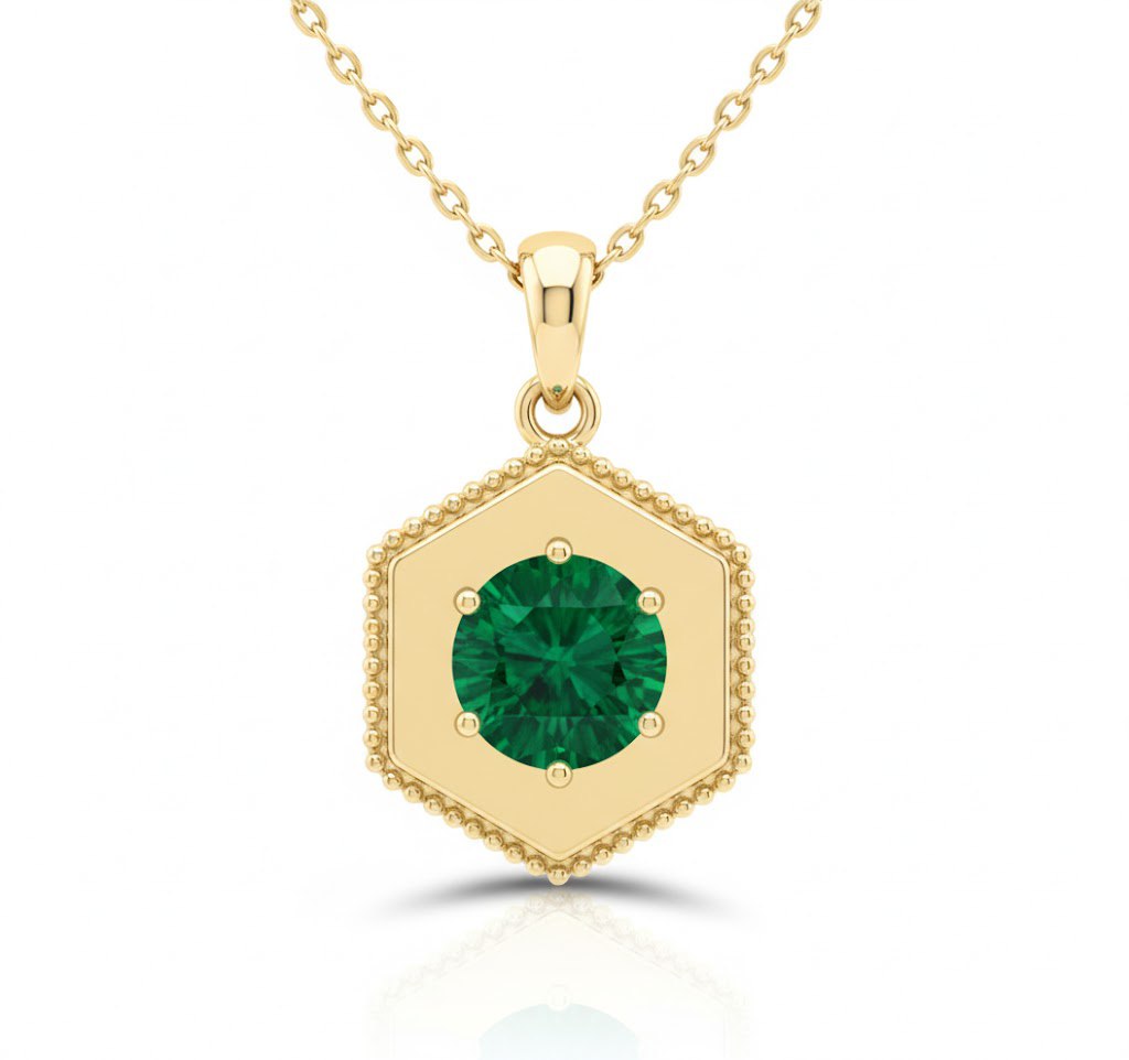 Hexagon Emerald Pendant Necklace 14K Gold 