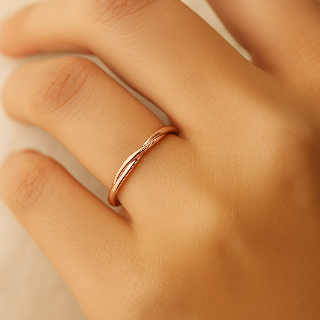 No Stone Twist Wedding Band Rose Gold on model hands