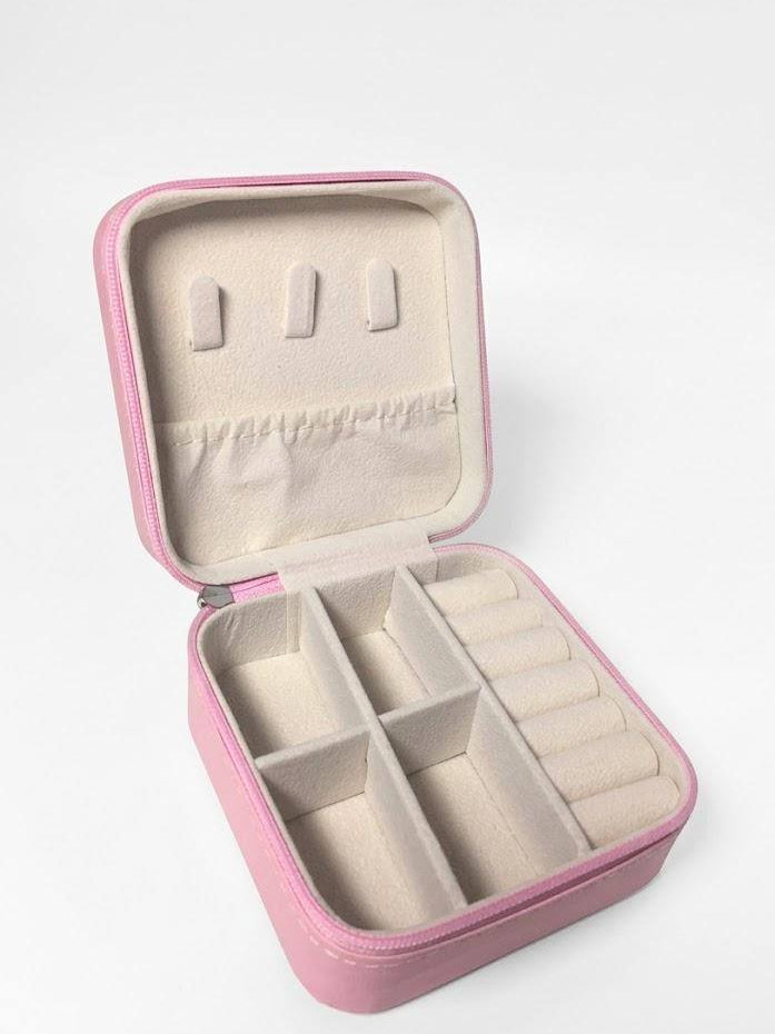 Pink jewelry open box on a white background