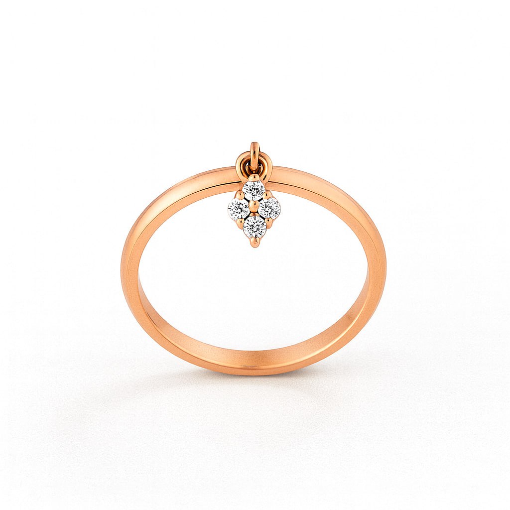 Rose Gold Diamond Charm Ring with a diamond pendant on a white background